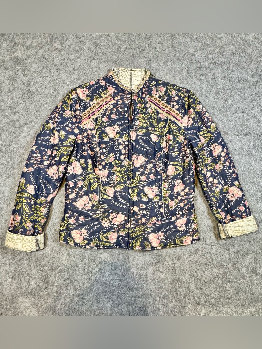 Free People Quilted Floral Embellished Jacket Boho Navy Size L